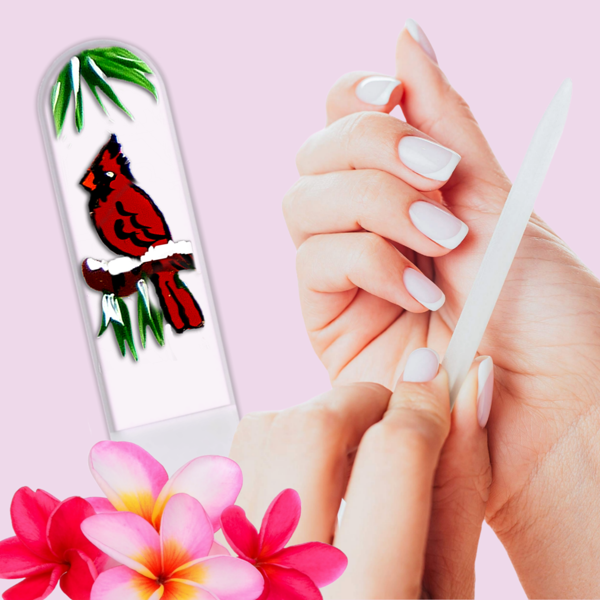 Classy Nail Files – Lima de unhas por atacado – Lima de Unhas de Cristal Checa Pintada à Mão com Pássaro Cardinal e Neve7