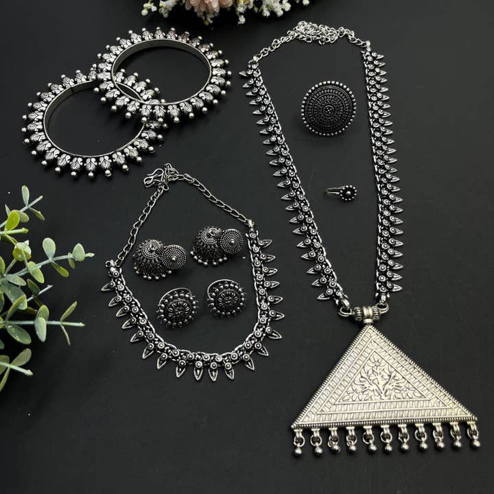 Oxidized Silver Jewelry Set with Tribal Afghani Necklace for wholesale by Vastrabhushan
