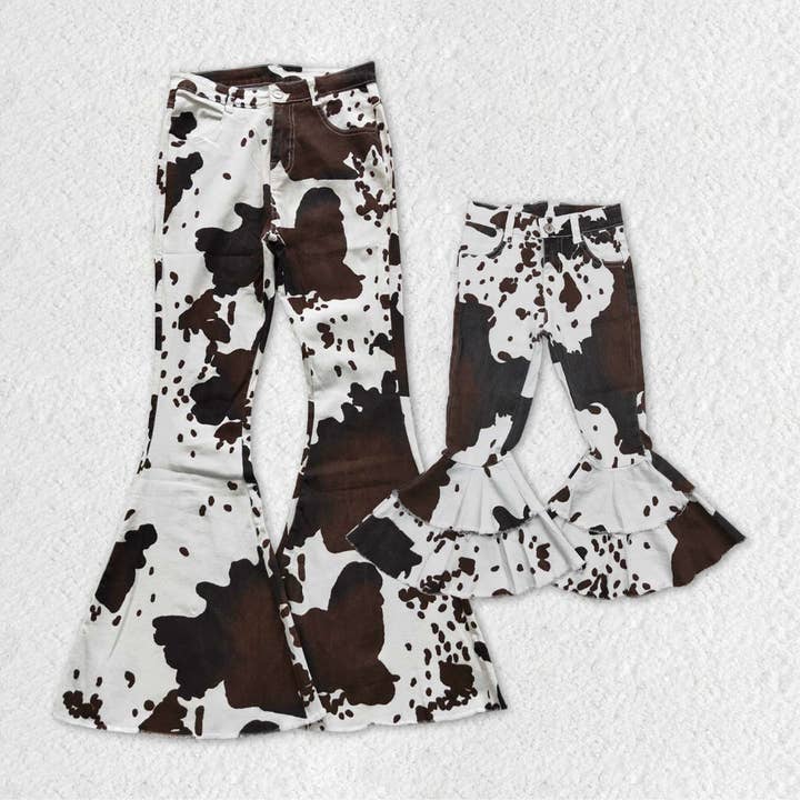 Aier Wholesale - Wholesale Mommy & Me Sets - Mommy and Me Adult Baby Girls Western Cow Print Denim Bell F
