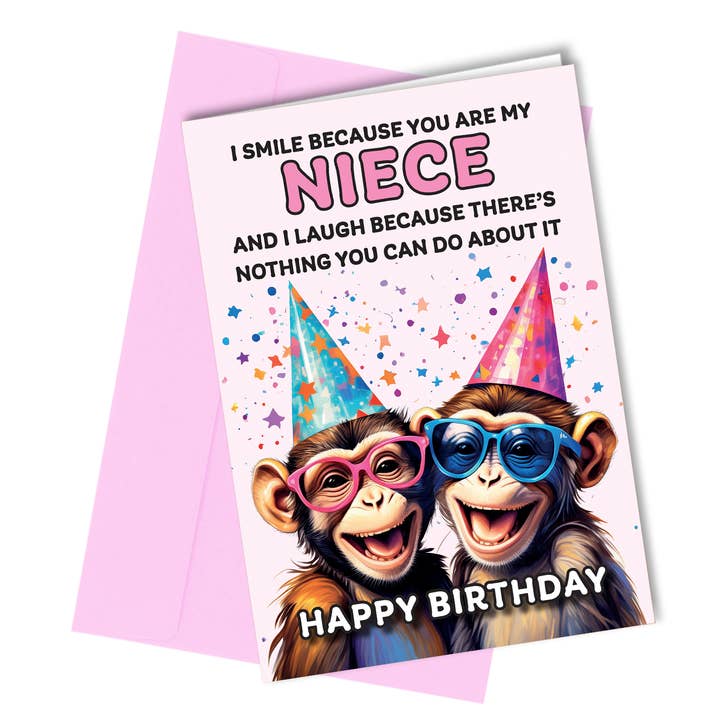 Close to the Bone Greeting Cards and Gifts - Venta al por mayor Tarjetas de cumpleaños - #1655 Tarjeta de cumpleaños divertida para sobrina y mono con texto en inglés con texto en inglés «I laugh»