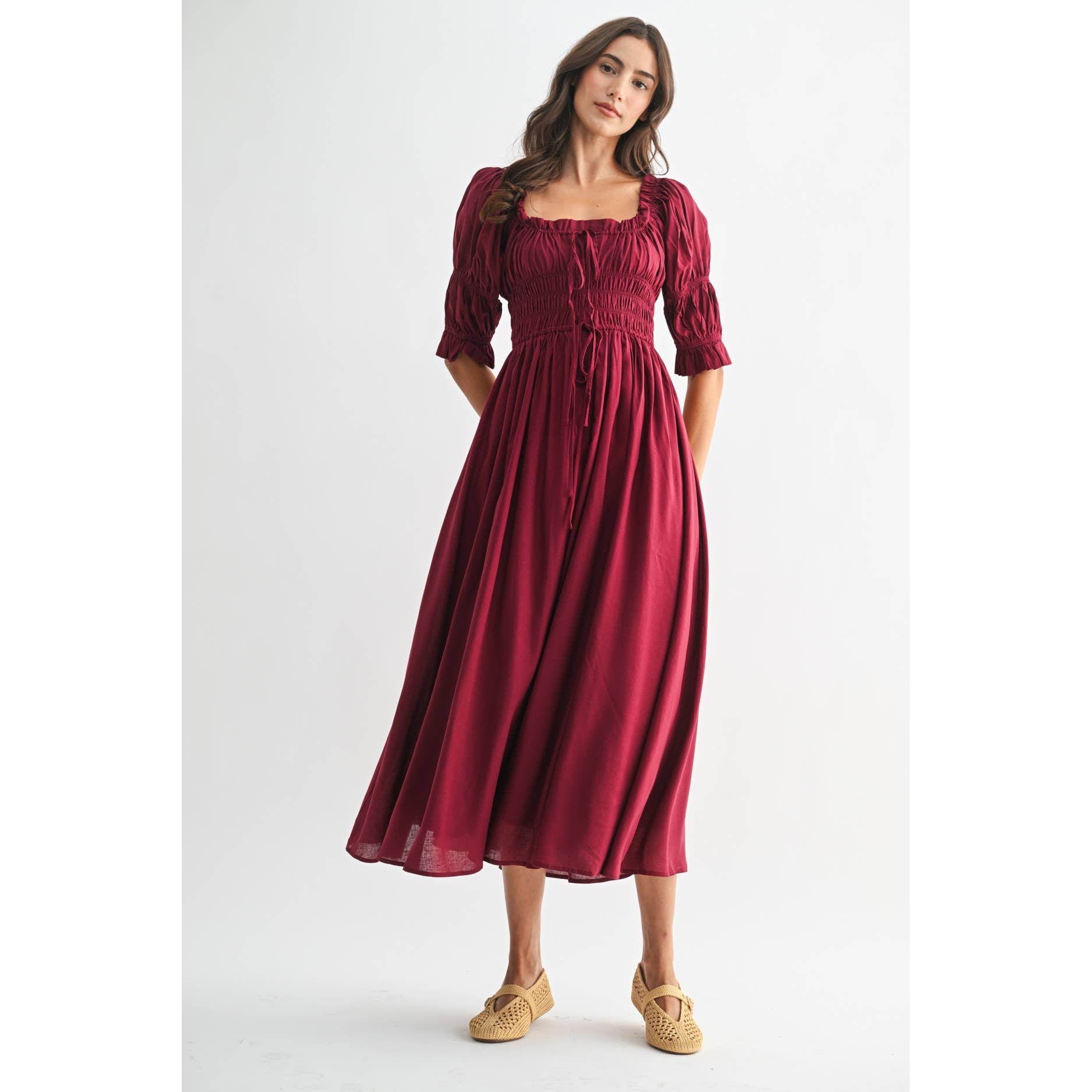 BURGUNDY OFF-SHOULDER SMOCKED MIDI DRESS WITH PLEATED SKIRT for wholesale on Faire2