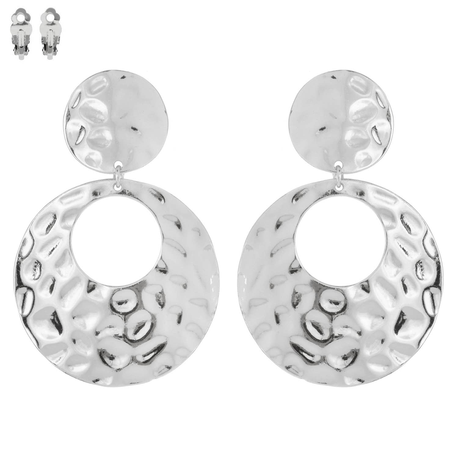 SP Sophia Collection - Wholesale Clip-On Earrings - 2 Tier Boho Hammered Metal Open Disc Dangle Clip On Earrings1