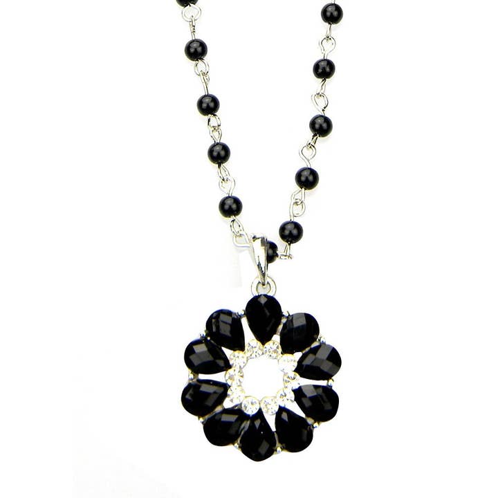CK160707-01 BLACK FLOWER W/14"" BLACK GLASS BEAD CHOKER for wholesale by Western Elite Jewelry