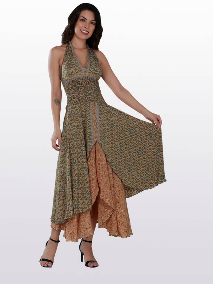 Wevez - Vendita all'ingrosso Vestito - Donna - Maxi abito da donna floreale senza maniche con scollo a V e volant2