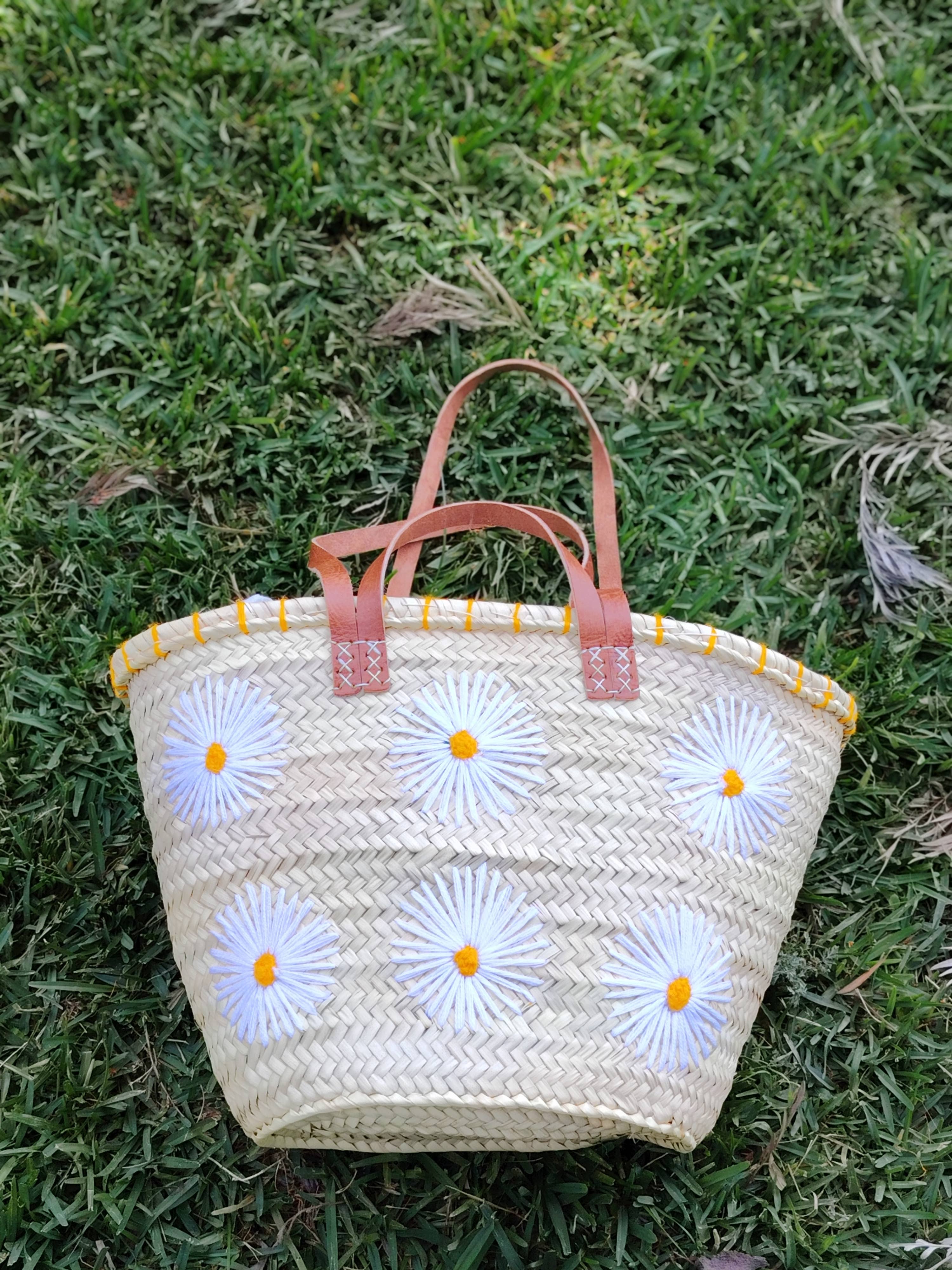 Twins Basket - Vente Sac de plage - Panier de marché en paille tressée à la main avec marguerites brodées14