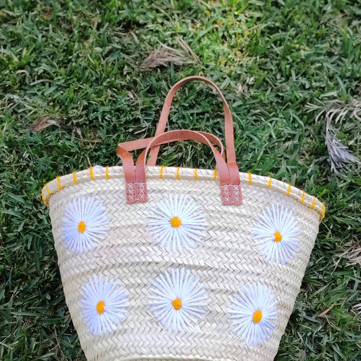 Twins Basket - Vente Sac de plage - Panier de marché en paille tressée à la main avec marguerites brodées14