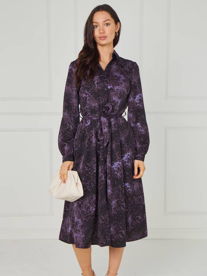 8pcs Purple Leopard Smudge Print Midi Shirt Dress for wholesale by Love Sunshine Wholesale