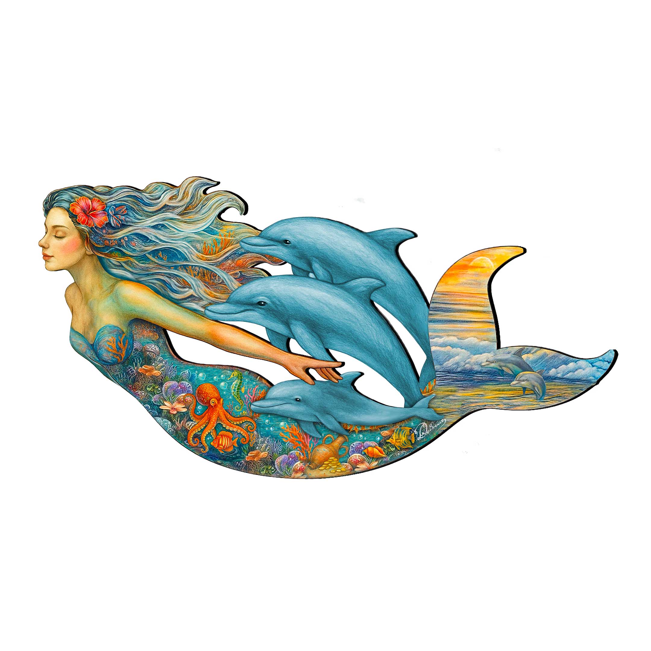 Designocracy - Wholesale Door Hanger - Mermaid & Dolphins Coastal Door Hanger - Handcrafted Ocean Fantasy Art Decor by G. DeBrekht - Coastal Holiday Decor - 81985143H8