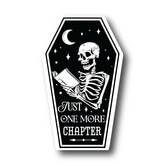 Just One More Chapter Skeleton Book Sticker for wholesale by House of Swank Clothing