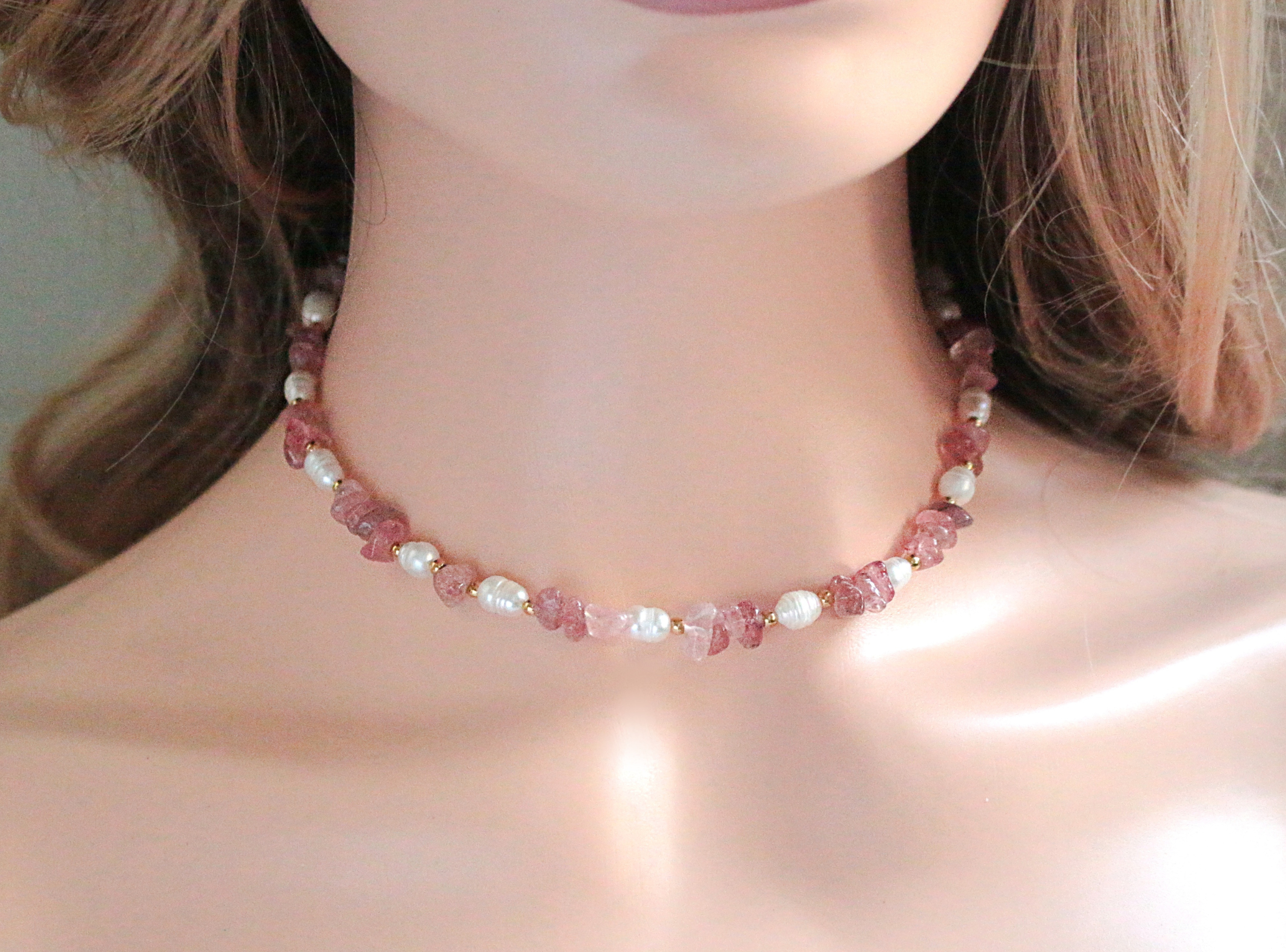 Divine Dulcet – wholesale Choker/collar – Natural Strawberry Quartz Crystal & Freshwater Pearls Choker3