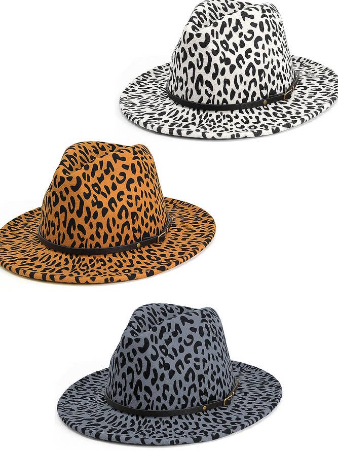 Belt Buckle Trim Leopard Print Felt Hat for wholesale by Hana