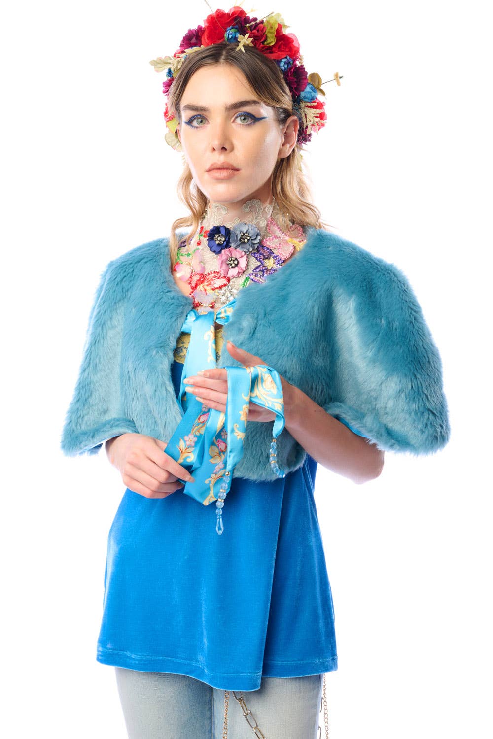 Teal Grace Kelly Reversible Fur Cape for wholesale on Faire6
