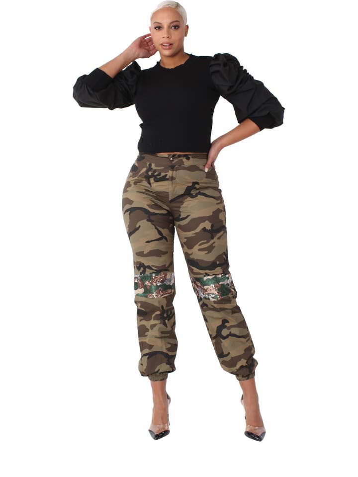 Kamouflage Camo paljettjoggers med paljettaccenter - 81991 för wholesale på Faire