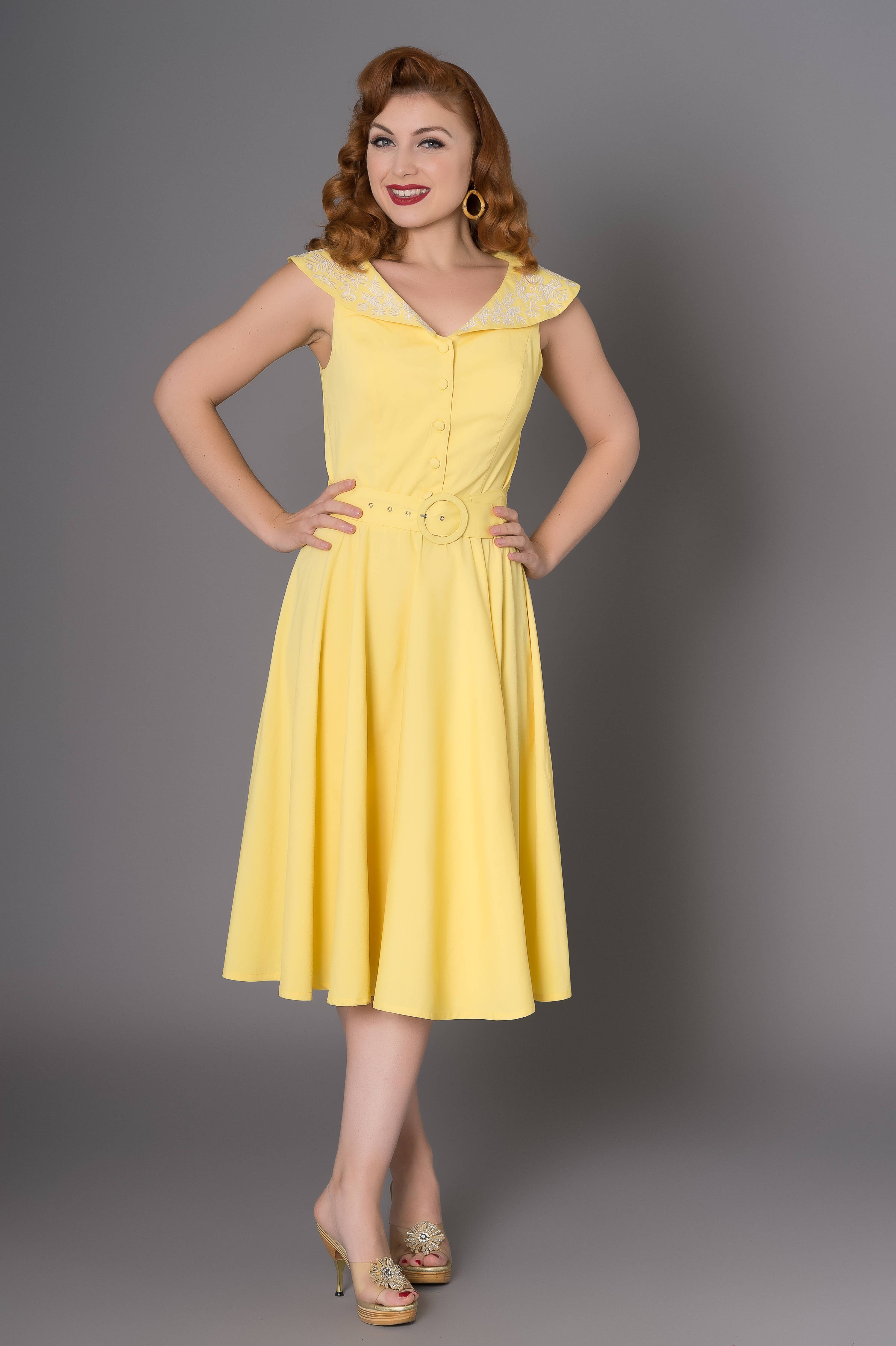 Timeless London – wholesale Dress – Women's – Freda Yellow Swing Dress with Embroidery on collar1