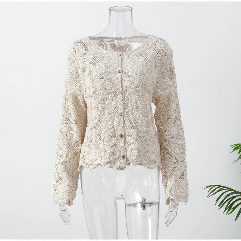 Beige Knit Button-Down Hollow Out Sweater Top for wholesale on Faire0