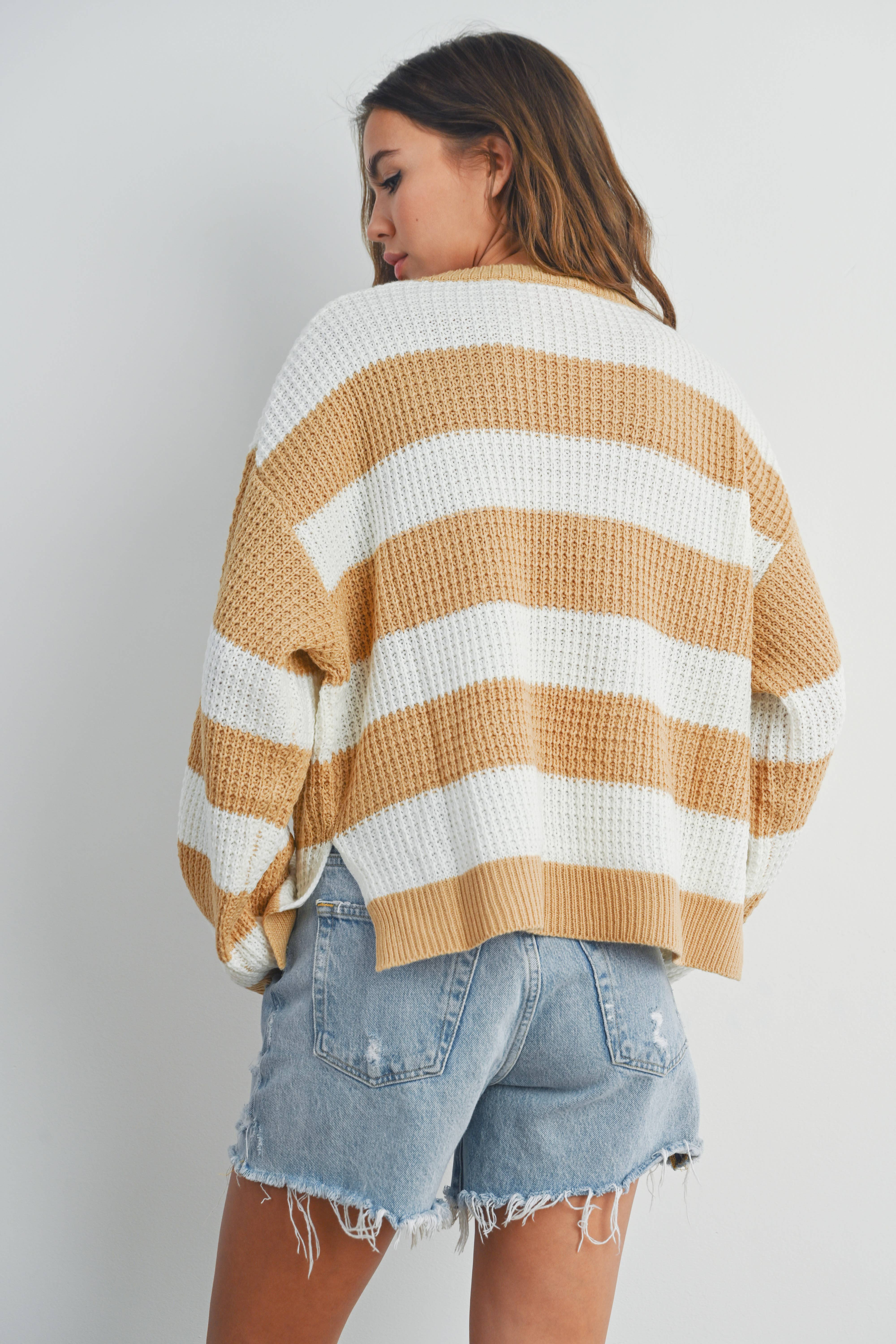 BUTTERMELON - Wholesale Knit Sweater - Women's - Striped Round Neck Long Sleeve Sweater - BMW732919