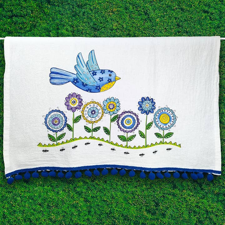Kitchen Tea Towel Blue Bird - Flour Sack Towel Spring Time for wholesale by Doodles and Fun!