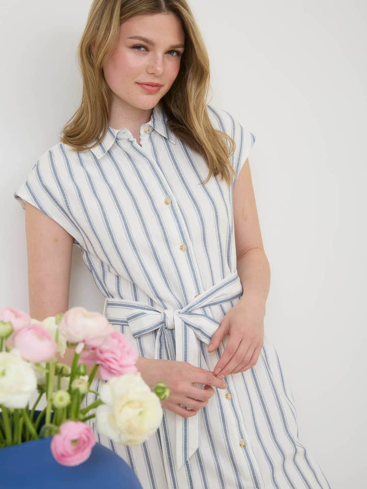 Blu Pepper - Wholesale Dress - Women's - STRIPE COLLARED BUTTON DOWN BELT TIE SHIRT DRESS