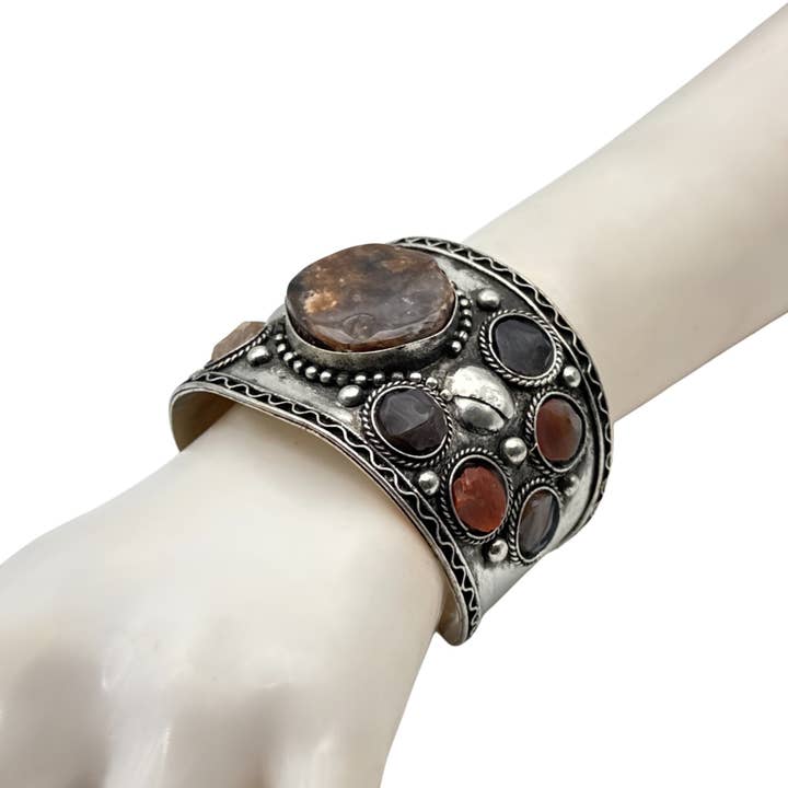 Boho Agate Inlay Silver-Tone Cuff Bracelet, 2" for wholesale by Treasure Jewelry