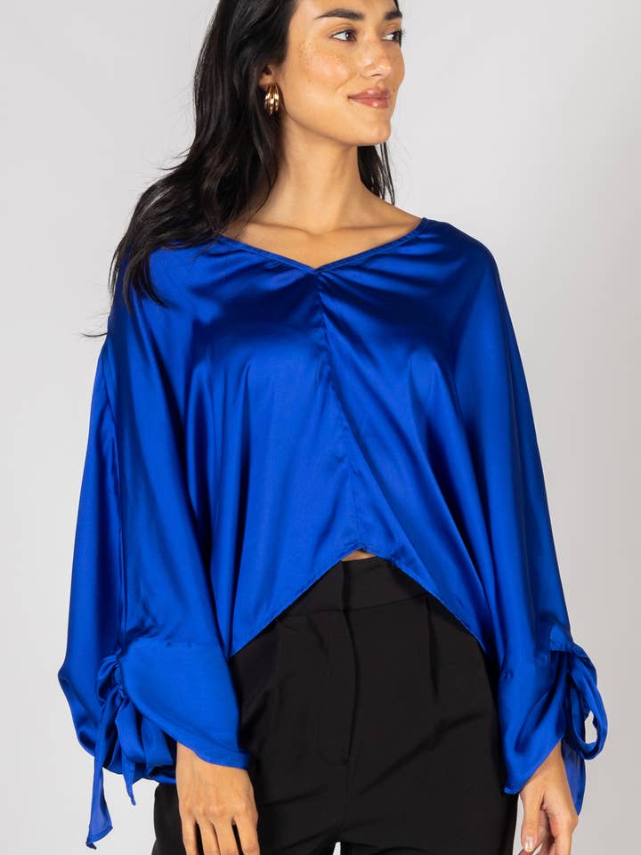 Satin V Neck Sleeve Tie Top for wholesale by Before You Collection