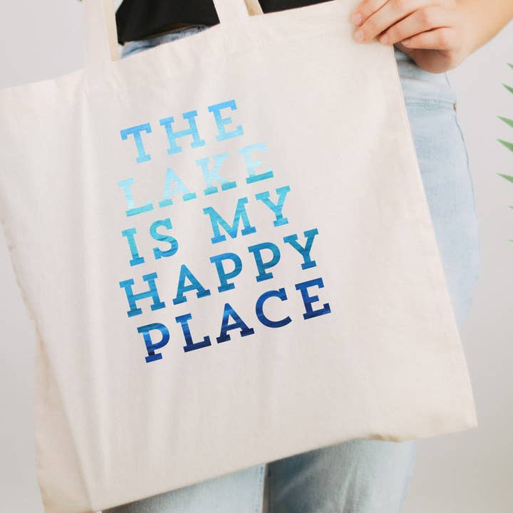 The Lake Is My Happy Place Cotton Canvas Grocery Tote Bag for wholesale by Quotable Life