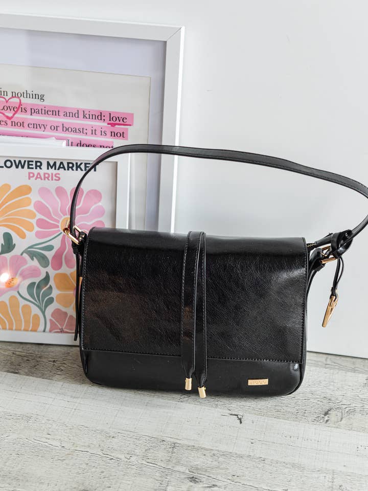 Black Faux Leather Flap Crossbody Bag for wholesale by NOCO