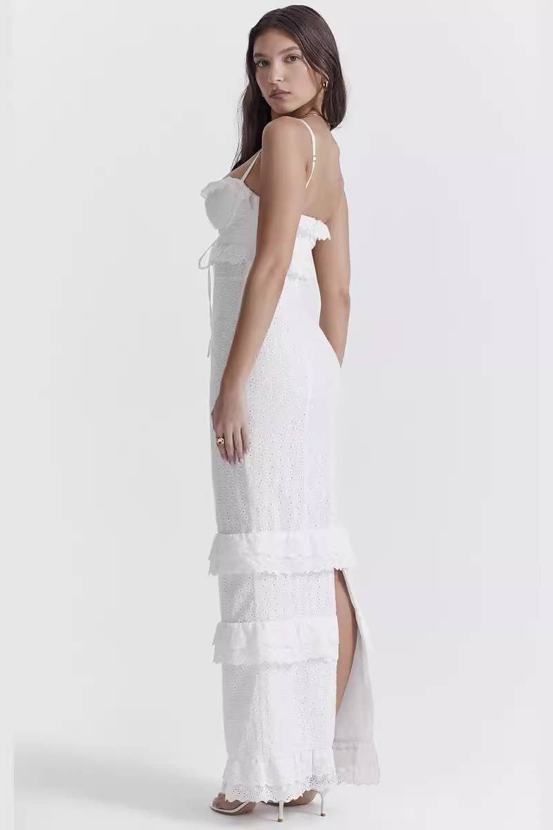 WHITE CWDMD3014_WHITE CROCHET SLIM SUSPENDER LONG DRESS for wholesale on Faire2