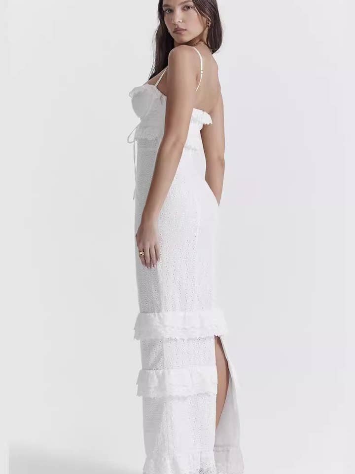 WHITE CWDMD3014_WHITE CROCHET SLIM SUSPENDER LONG DRESS for wholesale on Faire2