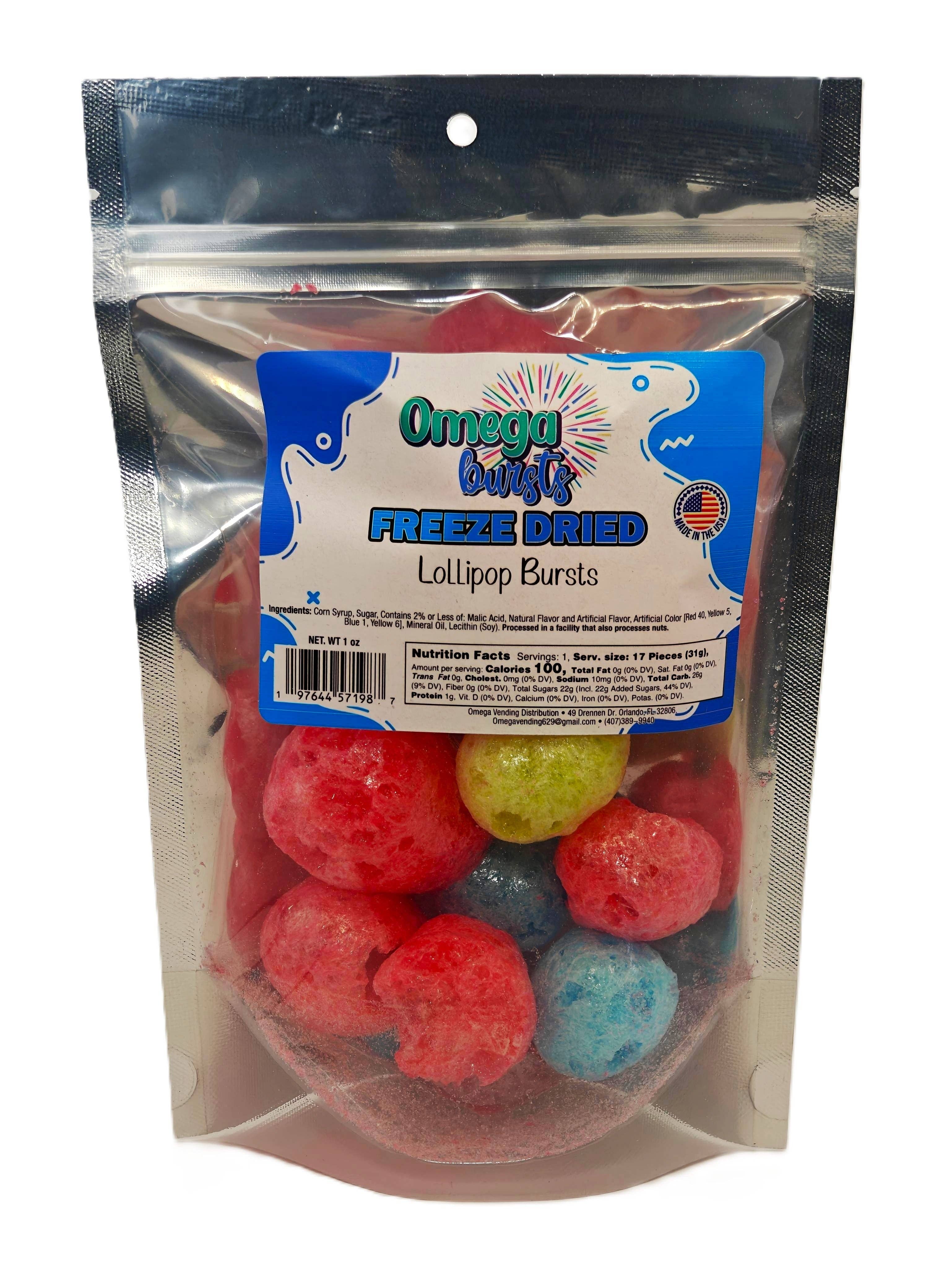 Omega Bursts – wholesale Lollipop – Omega Bursts Freeze Dried Lollipop Bursts – Colorful Candy Crunch, 1 oz Bag | Sweet, Airy, Melt-in-Your-Mouth Snack1