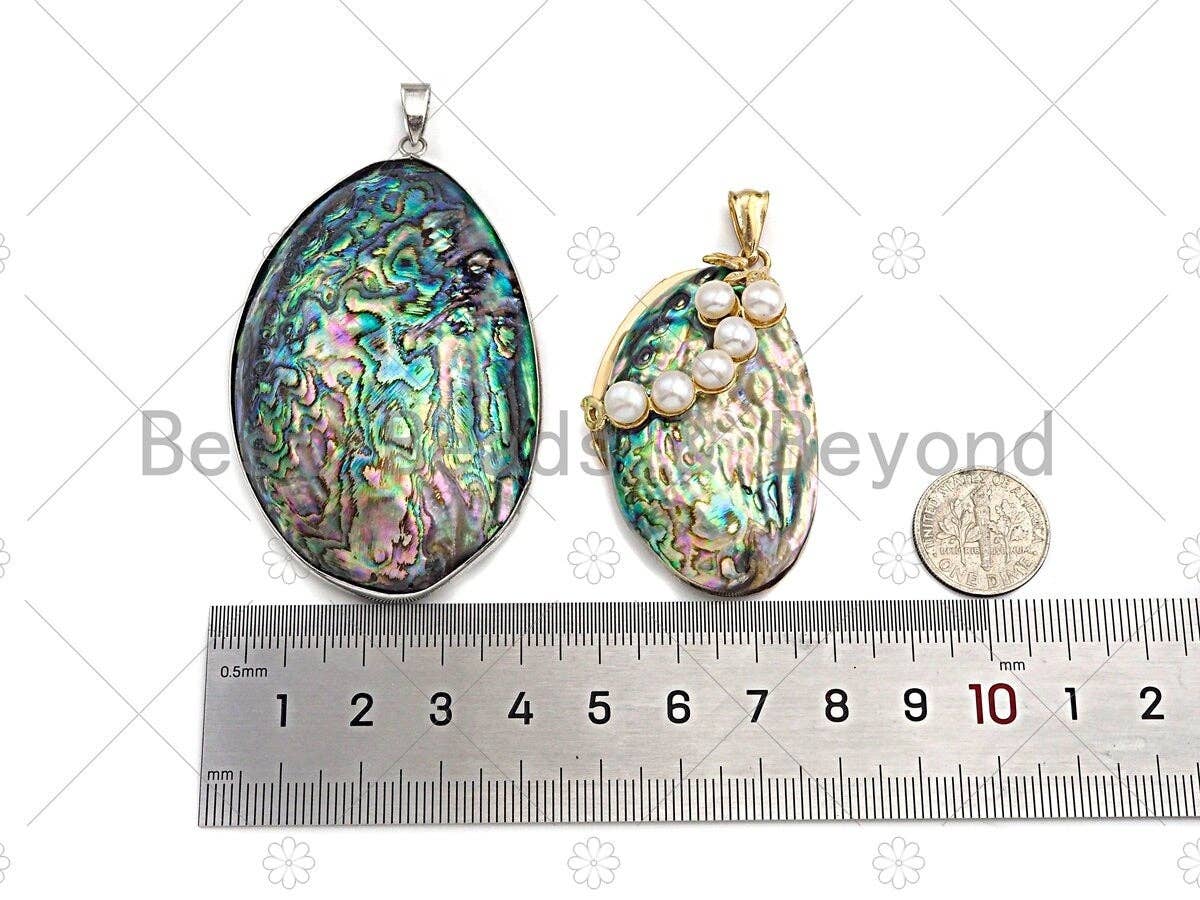 BestBeads&Beyond - Wholesale Individual Charm/Pendant - Large Natual Abalone Shell Pendant, Focal Puffy Abalone Pendant Silver Gold Finish with Pearl, Focal Abalone Charm, sku#R394