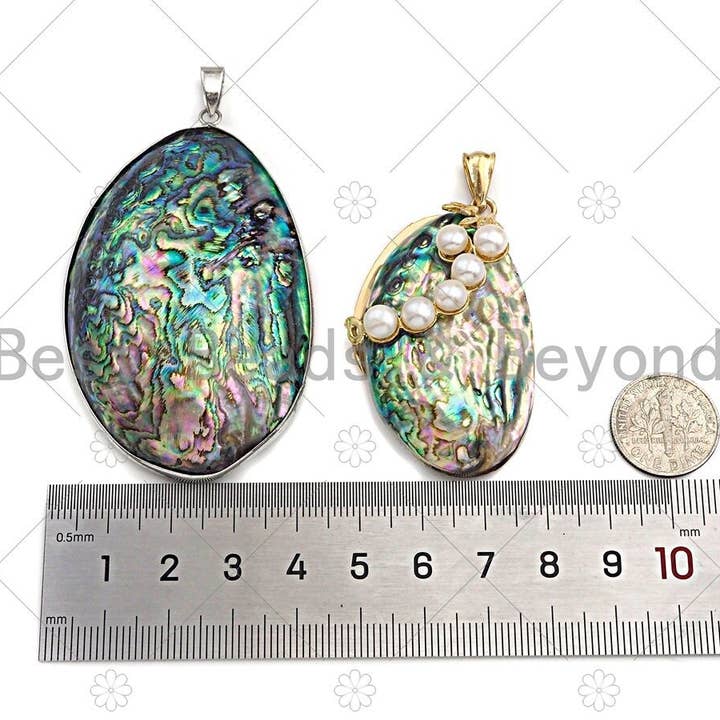BestBeads&Beyond - Wholesale Individual Charm/Pendant - Large Natual Abalone Shell Pendant, Focal Puffy Abalone Pendant Silver Gold Finish with Pearl, Focal Abalone Charm, sku#R394
