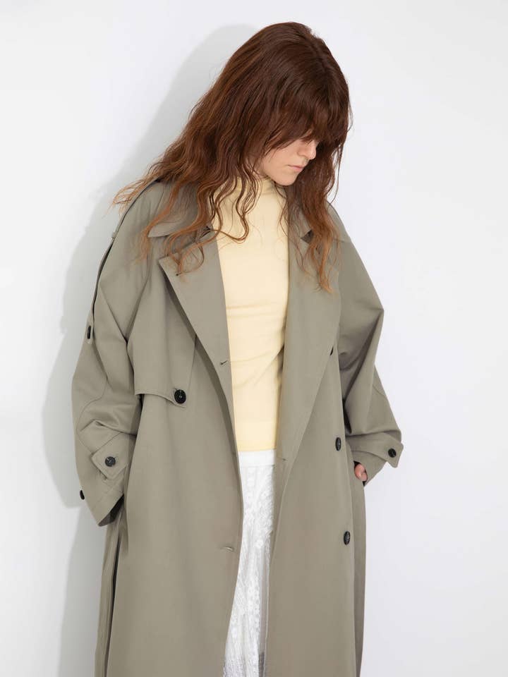 DarkSeaGreen 100% Cotton Oversized Mid-Length Raglan Sleeve Trench Coat for wholesale on Faire