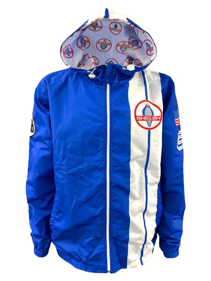 Carroll Shelby Shelby American Blue Two Stripe Rain Jacket for wholesale by Lowsportgeaar