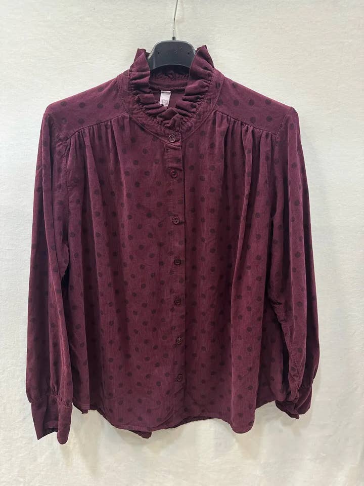 Mimi & Gogo - Wholesale Button Down Shirt - Women's - Velvet Polka Dot Shirt @69017_ChVPois1