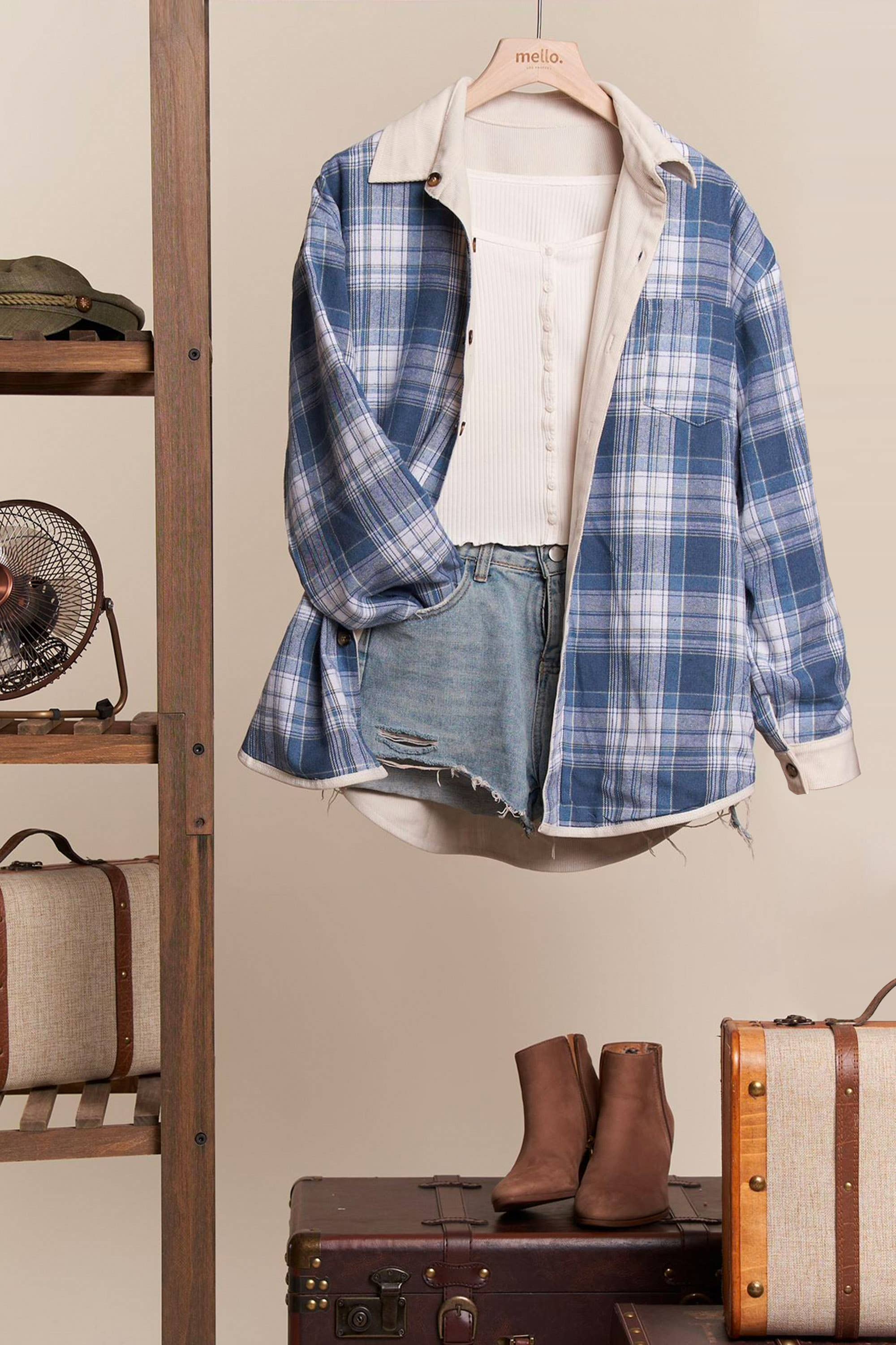 Mello. - Vente Chemise à col boutonné – femme - Chemise boutonnée réversible en velours côtelé et à carreaux19