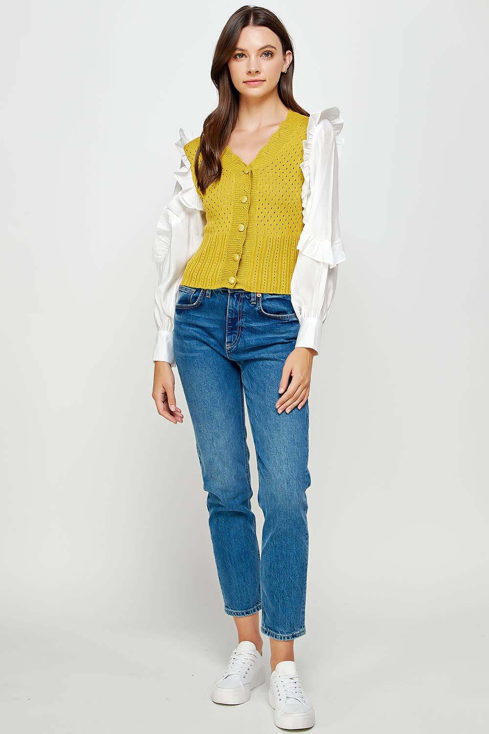 Strut & Bolt - Wholesale Knit Sweater - Women's - Mixed Fabric Ruffled Sleeve Crochet Knit Sweater16