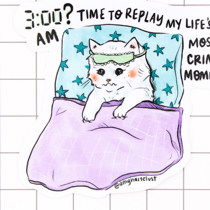 Insomnia Kitty Vinyl Sticker for wholesale by Amy Hartelust Art and Illustration