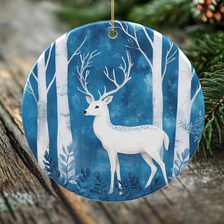 White Stag Porcelain Christmas Ornament - Elegant Double-Sided Winter Forest Keepsake -- Scandinavian Style for wholesale by Peeping Tom's Cottage