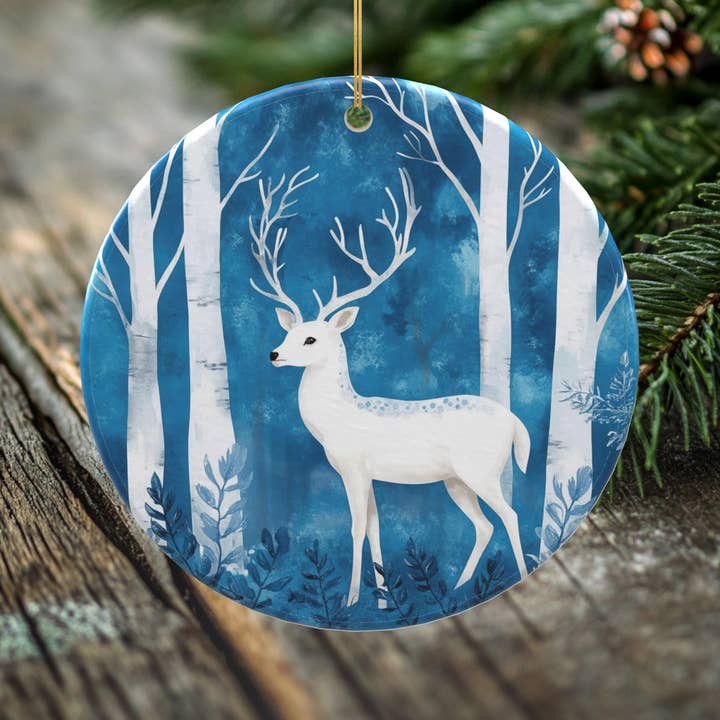 Peeping Tom's Cottage - Wholesale Ornament - White Stag Porcelain Christmas Ornament - Elegant Double-Sided Winter Forest Keepsake -- Scandinavian Style