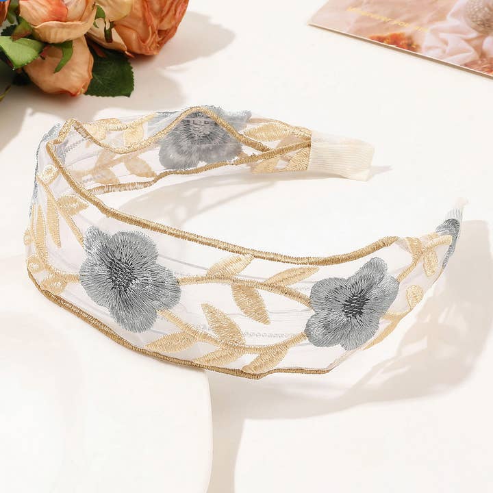 ACCITY - Wholesale Fashion Headband - Women's - MESH EMBROIDERED FLOWER HEADBAND_CWAHA1651