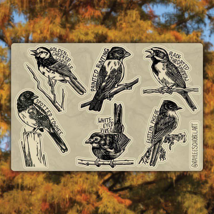 Linocut Birds Sticker Sheet for wholesale by Raylee Schobel