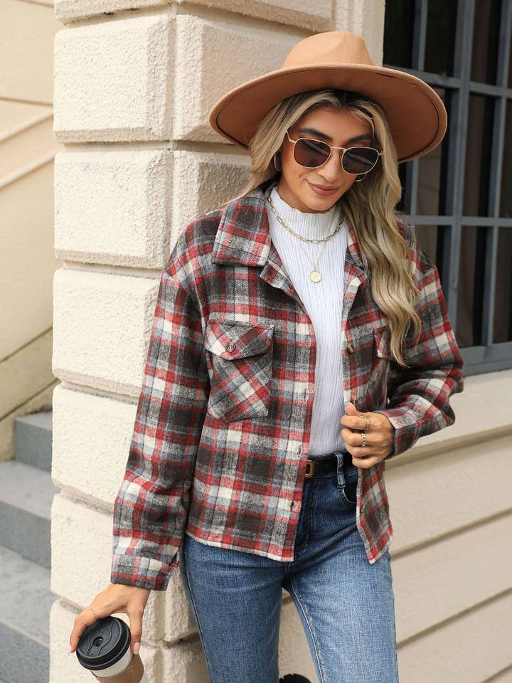 Lily Clothing - Wholesale Shirt Jacket/Shacket - Women's - LONG-SLEEVED PLAID WOOL JACKET WITH BAGGY POCKETS16