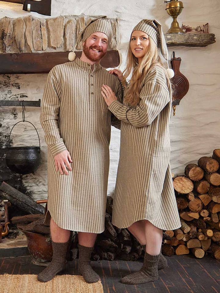 Lee Valley Ireland – wholesale Nightshirt – Unisex – Flannel Nightshirt - Beige Green Maroon Stripe (LV14)
