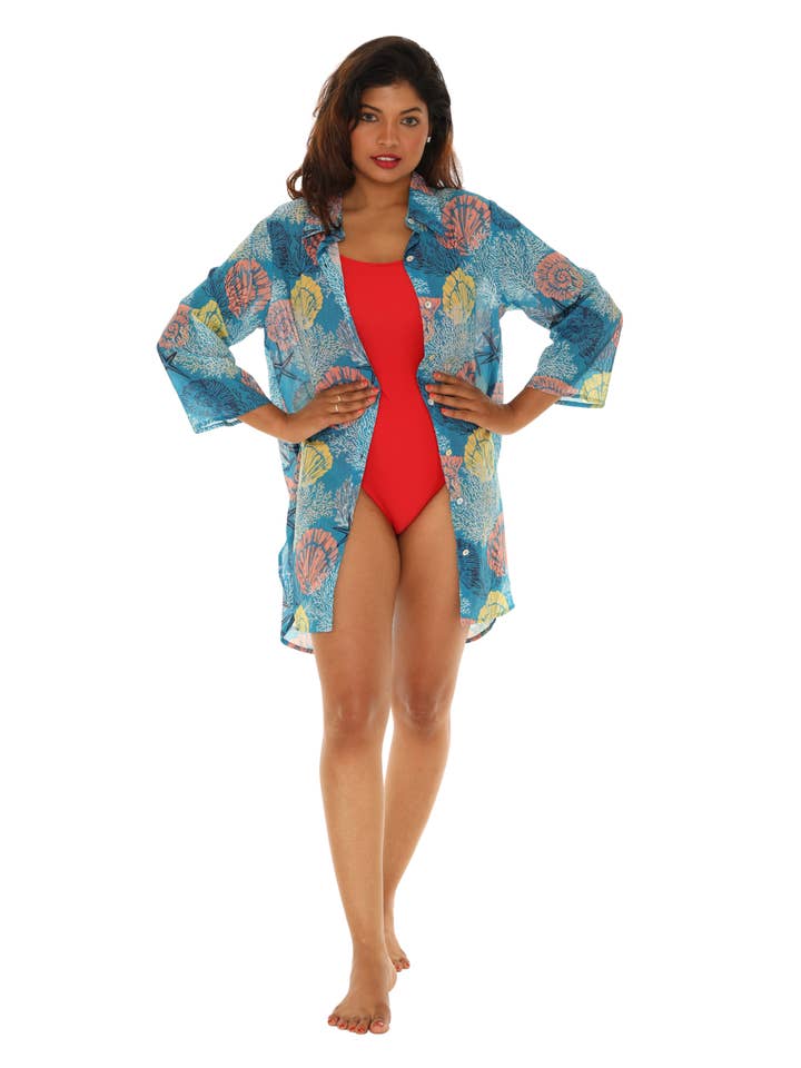 Chemisier Tunique Imprimé Coquillage Bleu pour Femme | Tenue de Plage et de Station Balnéaire pour la vente par Shoreline Wear. INC