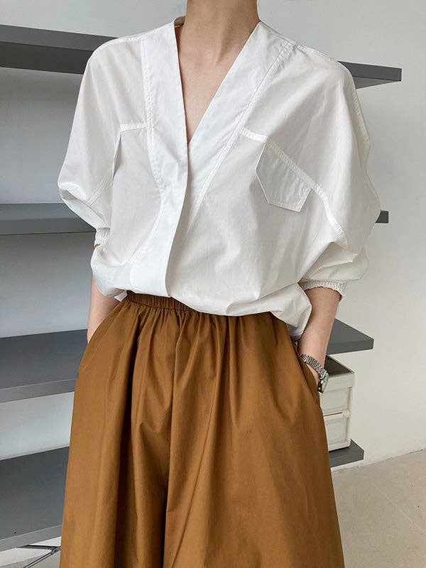 UZ Wholesale Store - Wholesale Button Down Shirt - Women's - Trendy Batwing Sleeves Solid Color V-Neck Blouses9