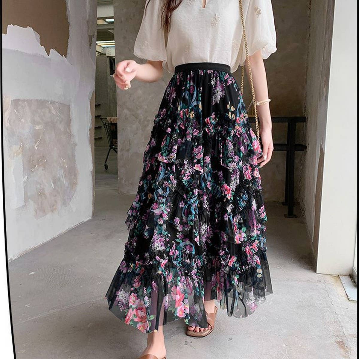 ACCITY - Wholesale Skirt - Women's - COLORFUL FLORAL MESH PRINT PLEATED TULLE SKIRT_CWBLS039921