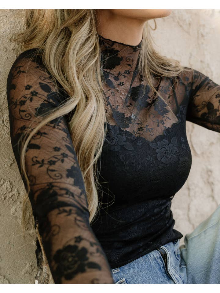 Black Mock Neck Floral Lace Mesh Long Sleeve Top - Black for wholesale on Faire2