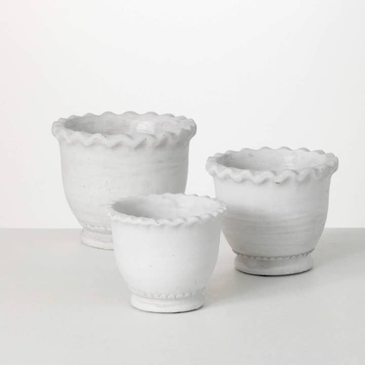 Sullivans Home Decor - Wholesale Plant Pot - White Scalloped Edge Pot Set
