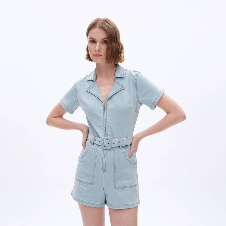 LIGHT BLUE V-NECK DENIM ROMPERS WITH FINISHED HEM BYRL017 for wholesale on Faire