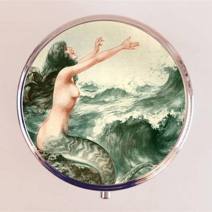 FringePop - Wholesale Pill Organizer - Parisian Mermaid Pill Box Case Pillbox Holder Trinket Stash Box French Art Deco Siren 1920s